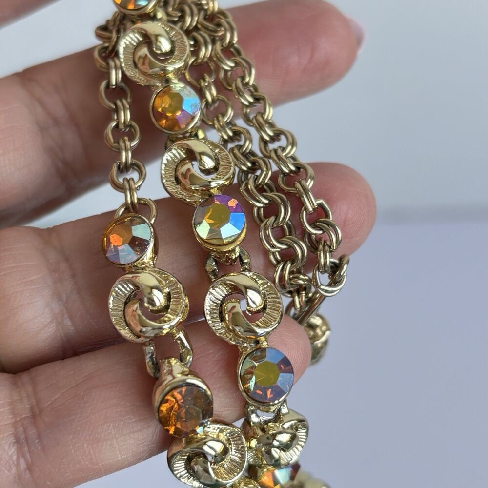 Vtg 1950s 60s AB Rhinestone Necklace Gold Tone Swirl Links Mid Century